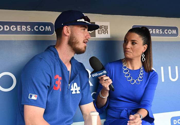 Apr 1, 2019; Los Angeles, CA, USA; Los Angeles Dodgers center fielder Cody Bellinger (35) is interviewed by Spectrum SportsNet LA. reporter Alanna Rizzo before the game against the San Francisco Giants at Dodger Stadium. Mandatory Credit: Kirby Lee-USA TODAY Sports